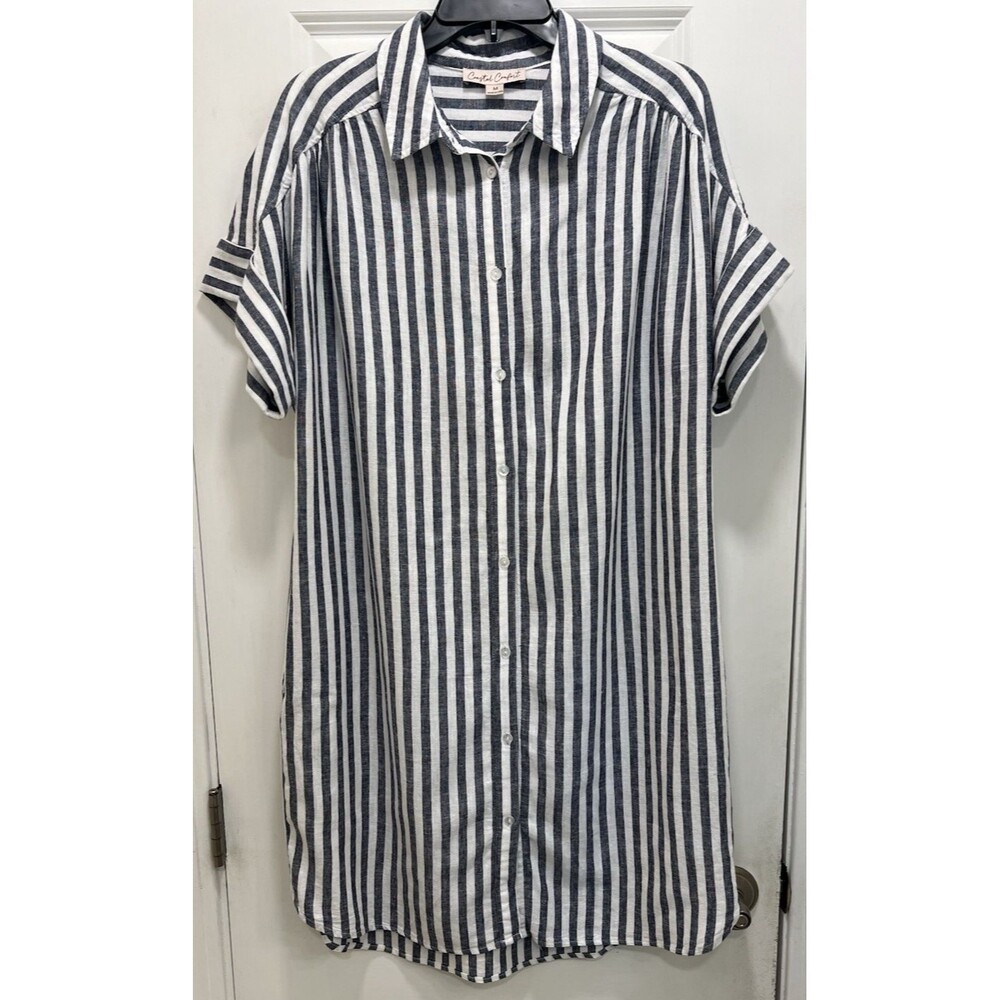 Women's Linen Blend Coastal Button-Down Shirt Dress Medium Blue & White Striped
